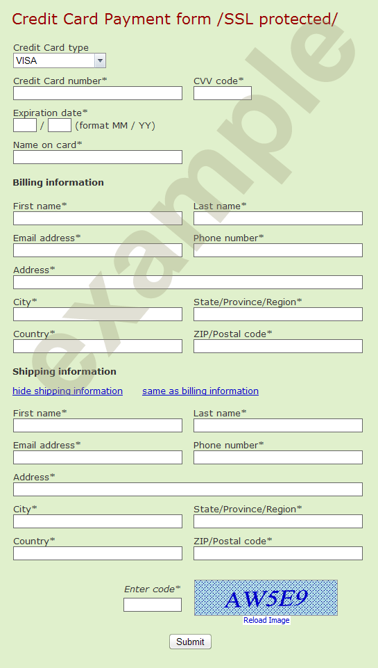 Credit Card Payment form with billing and shipping info